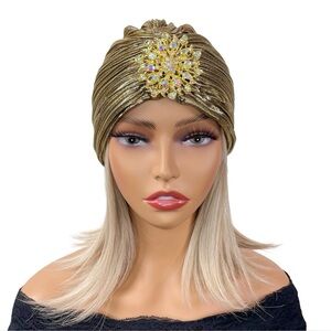 1920s-Inspired Gold Pleated Turban with Crystal Brooch